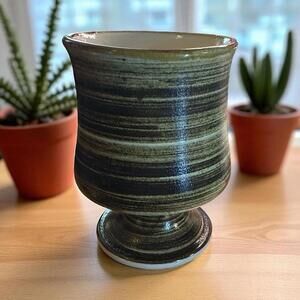 Artisan Stoneware Ceramic Goblet Chalice Footed Goblet 5" Brown Tan Green Glazed